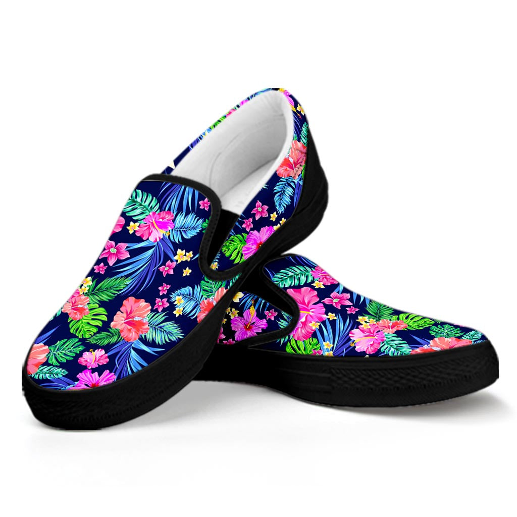 Hawaii Exotic Flowers Pattern Print Black Slip On Sneakers