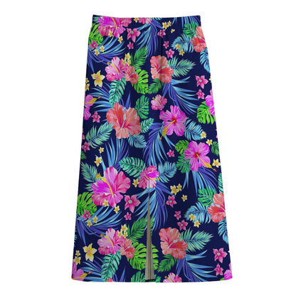 Hawaii Exotic Flowers Pattern Print Cotton Front Slit Maxi Skirt