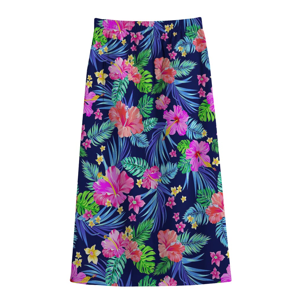 Hawaii Exotic Flowers Pattern Print Cotton Front Slit Maxi Skirt