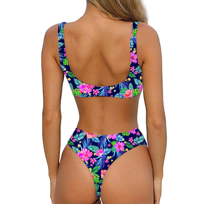 Hawaii Exotic Flowers Pattern Print Front Bow Tie Bikini