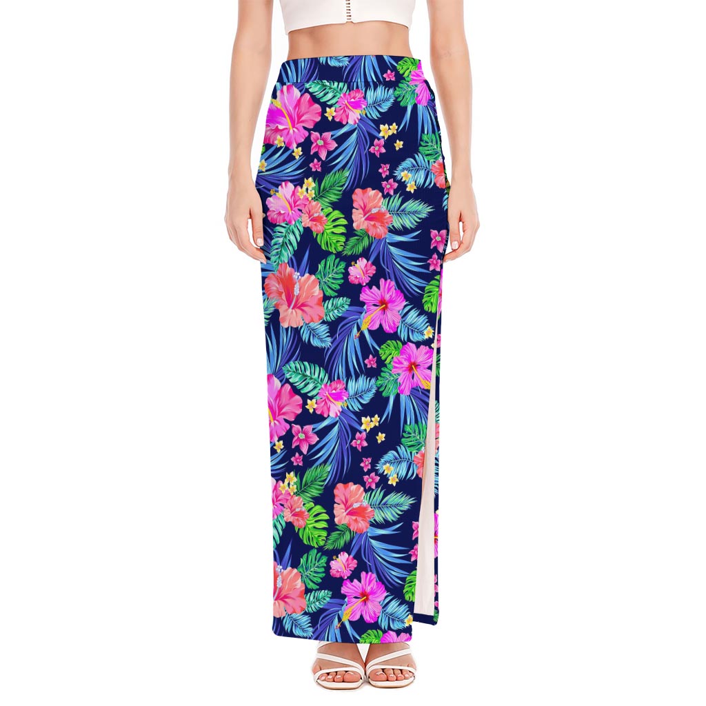 Hawaii Exotic Flowers Pattern Print High Slit Maxi Skirt