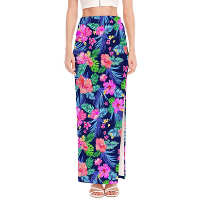 Hawaii Exotic Flowers Pattern Print High Slit Maxi Skirt