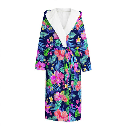 Hawaii Exotic Flowers Pattern Print Hooded Bathrobe