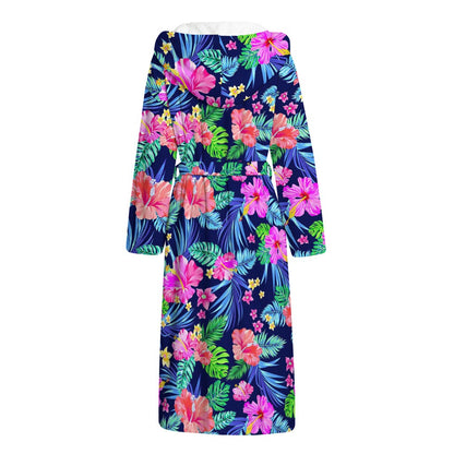 Hawaii Exotic Flowers Pattern Print Hooded Bathrobe