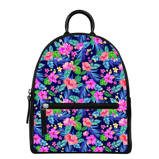 Hawaii Exotic Flowers Pattern Print Leather Backpack