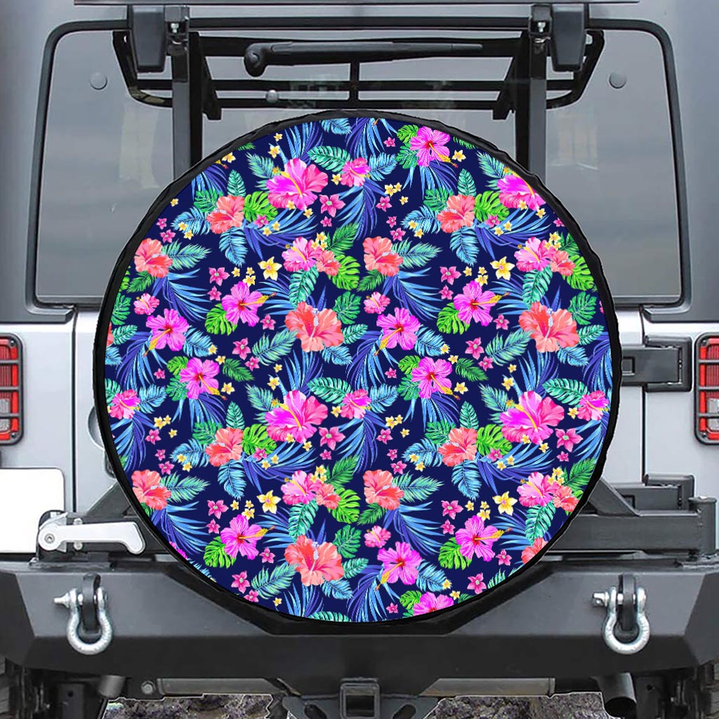 Hawaii Exotic Flowers Pattern Print Leather Spare Tire Cover