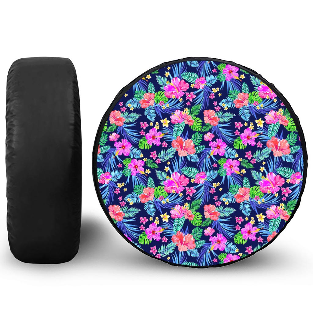 Hawaii Exotic Flowers Pattern Print Leather Spare Tire Cover