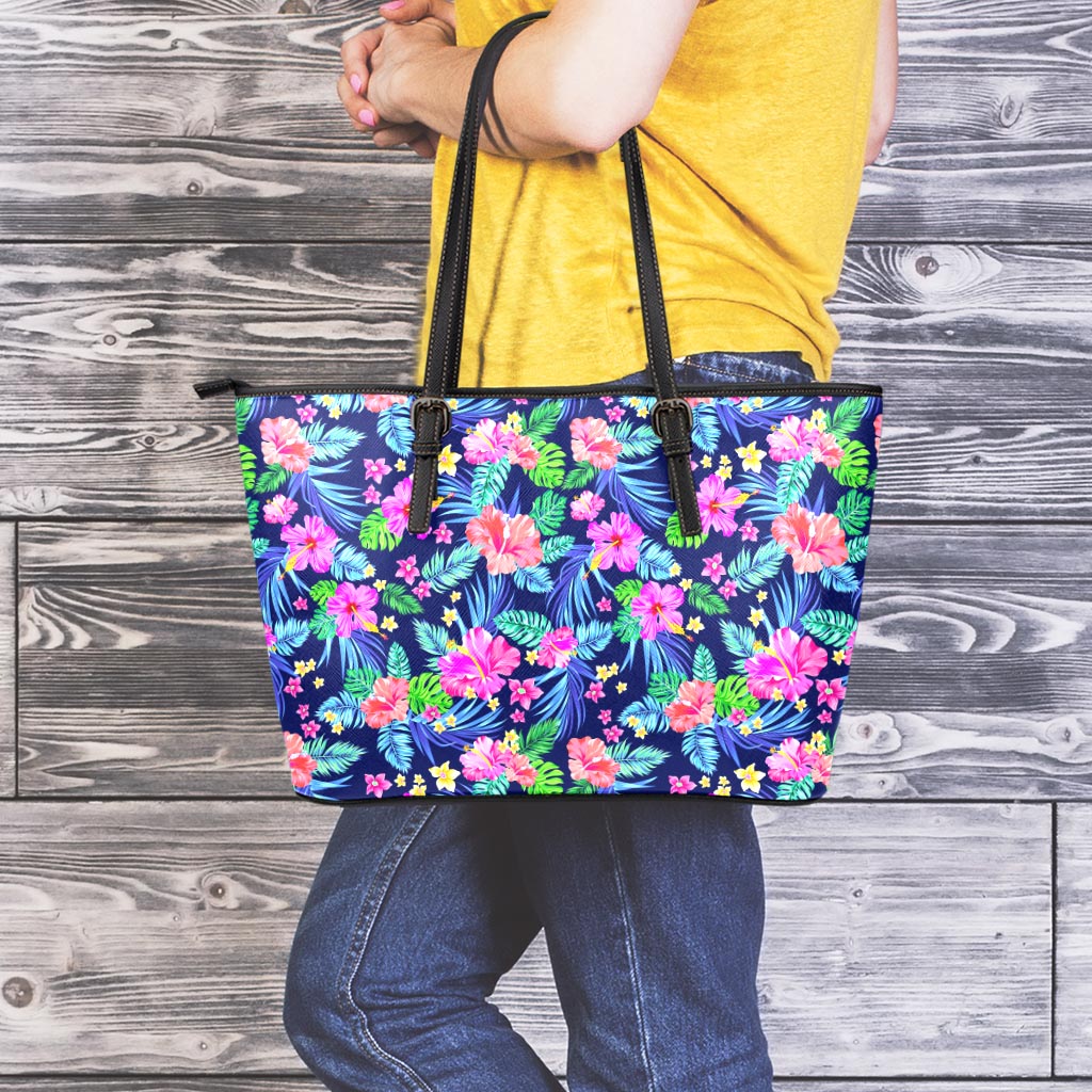 Hawaii Exotic Flowers Pattern Print Leather Tote Bag