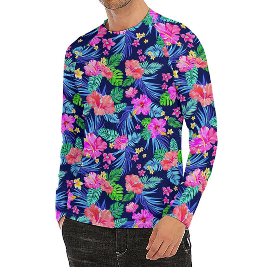 Hawaii Exotic Flowers Pattern Print Men's Long Sleeve Rash Guard