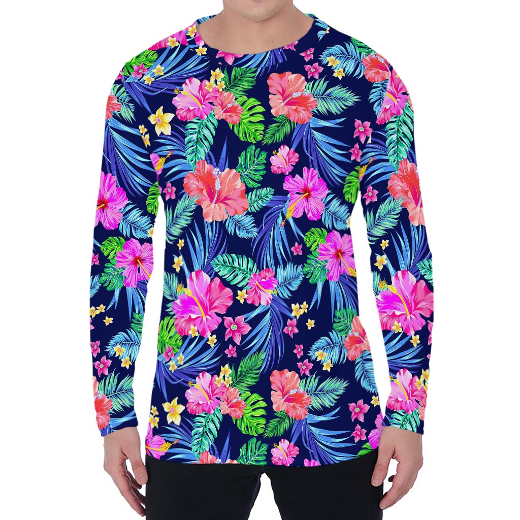 Hawaii Exotic Flowers Pattern Print Men's Long Sleeve T-Shirt
