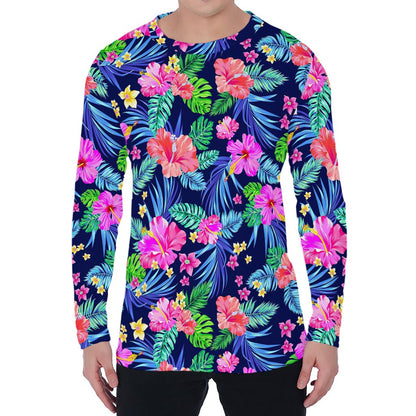 Hawaii Exotic Flowers Pattern Print Men's Long Sleeve T-Shirt