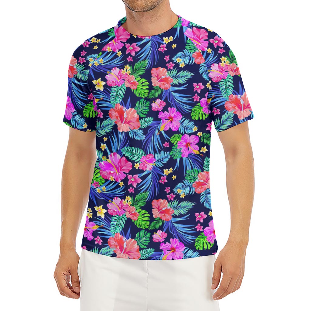 Hawaii Exotic Flowers Pattern Print Men's Short Sleeve Rash Guard