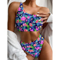 Hawaii Exotic Flowers Pattern Print One Shoulder Bikini Set