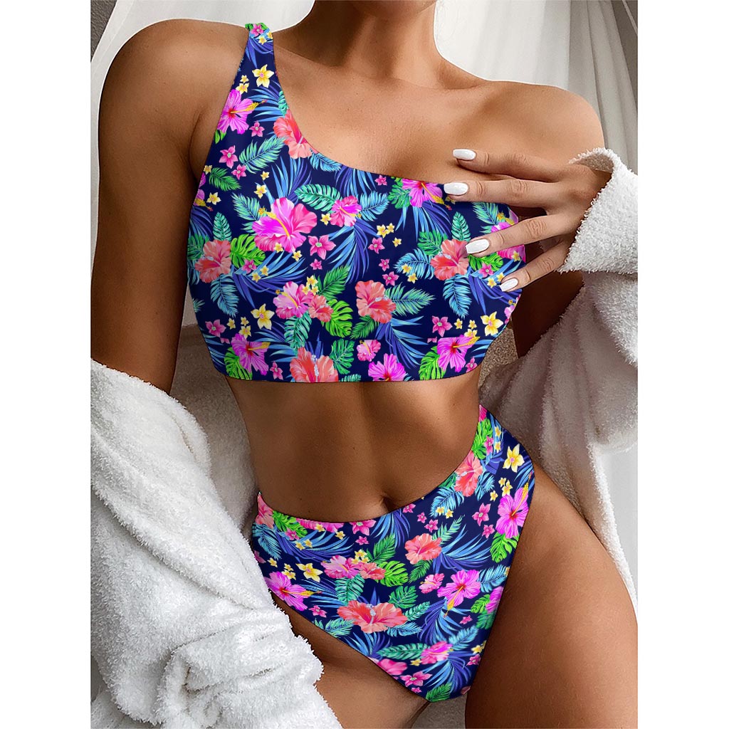 Hawaii Exotic Flowers Pattern Print One Shoulder Bikini Top