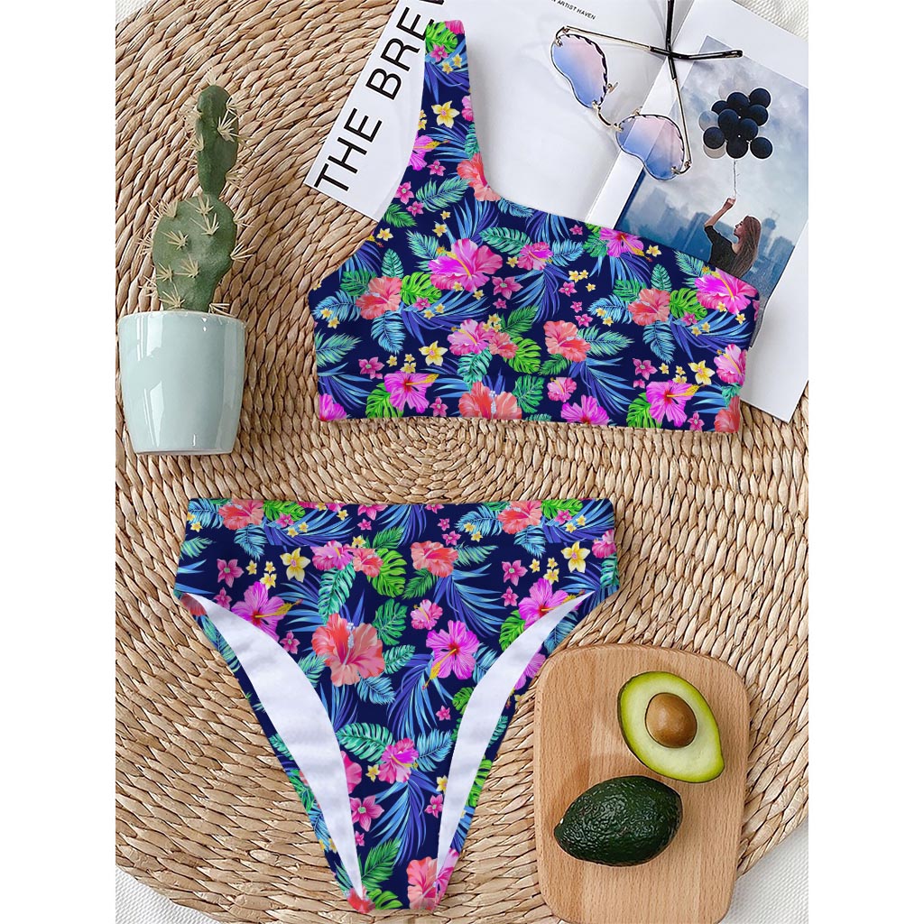 Hawaii Exotic Flowers Pattern Print One Shoulder Bikini Top