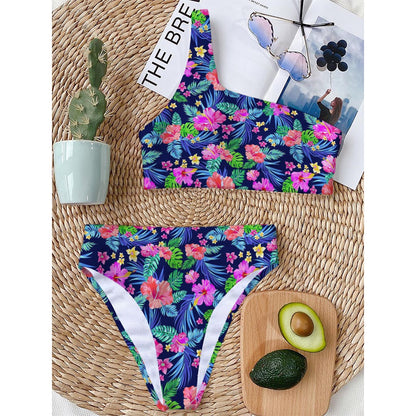 Hawaii Exotic Flowers Pattern Print One Shoulder Bikini Top