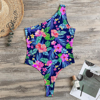 Hawaii Exotic Flowers Pattern Print One Shoulder Bodysuit