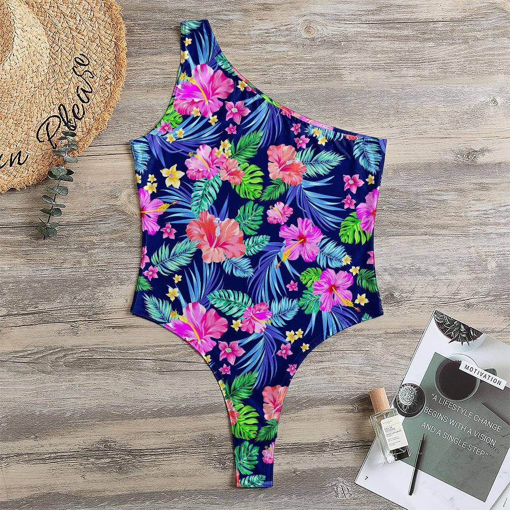 Hawaii Exotic Flowers Pattern Print One Shoulder Bodysuit