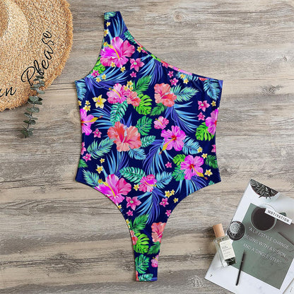 Hawaii Exotic Flowers Pattern Print One Shoulder Bodysuit