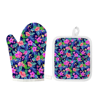Hawaii Exotic Flowers Pattern Print Oven Mitt And Pot Holder Set