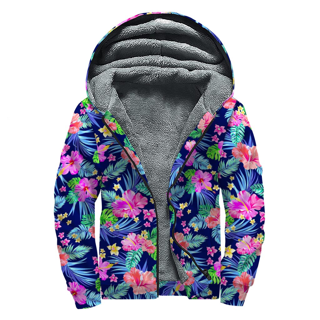 Hawaii Exotic Flowers Pattern Print Sherpa Lined Zip Up Hoodie