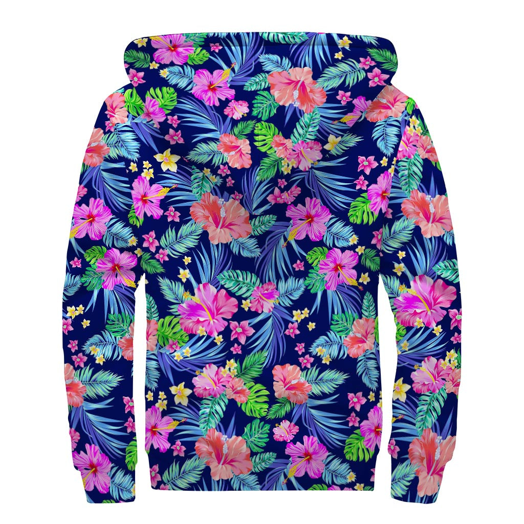 Hawaii Exotic Flowers Pattern Print Sherpa Lined Zip Up Hoodie