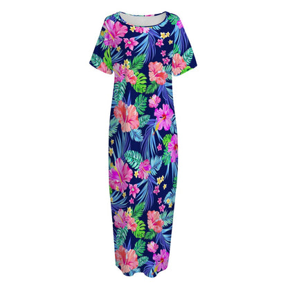 Hawaii Exotic Flowers Pattern Print Short Sleeve Long Nightdress