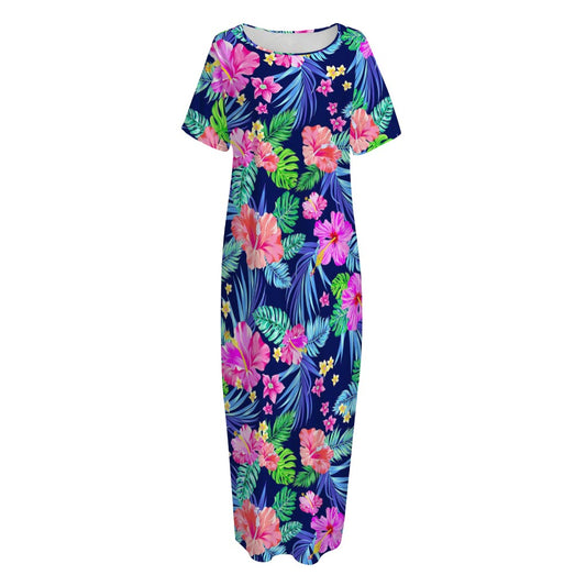 Hawaii Exotic Flowers Pattern Print Short Sleeve Long Nightdress