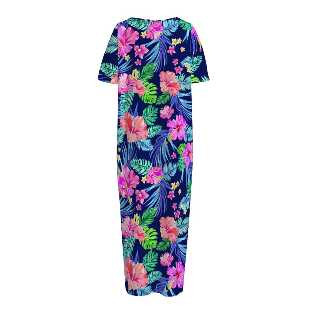 Hawaii Exotic Flowers Pattern Print Short Sleeve Long Nightdress