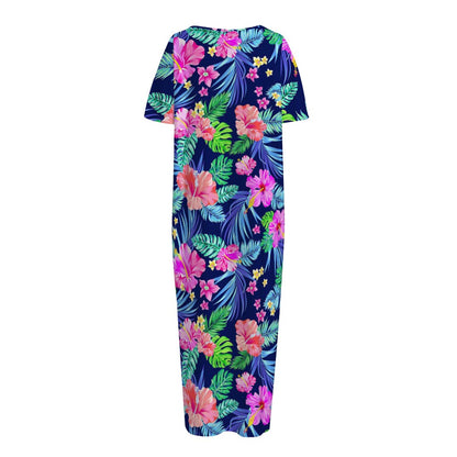 Hawaii Exotic Flowers Pattern Print Short Sleeve Long Nightdress