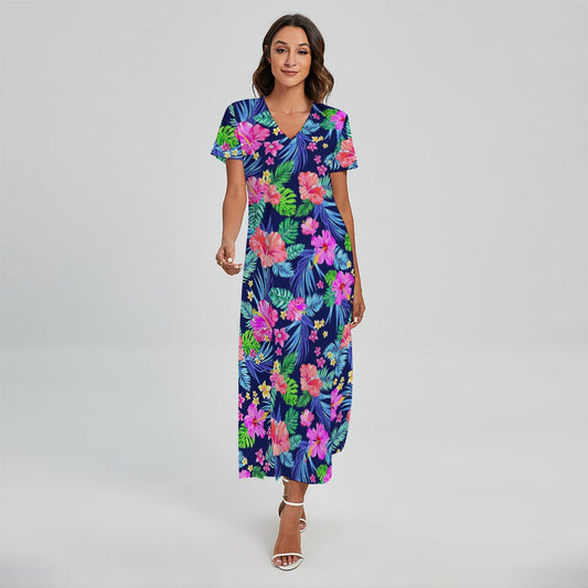 Hawaii Exotic Flowers Pattern Print Short Sleeve Maxi Dress