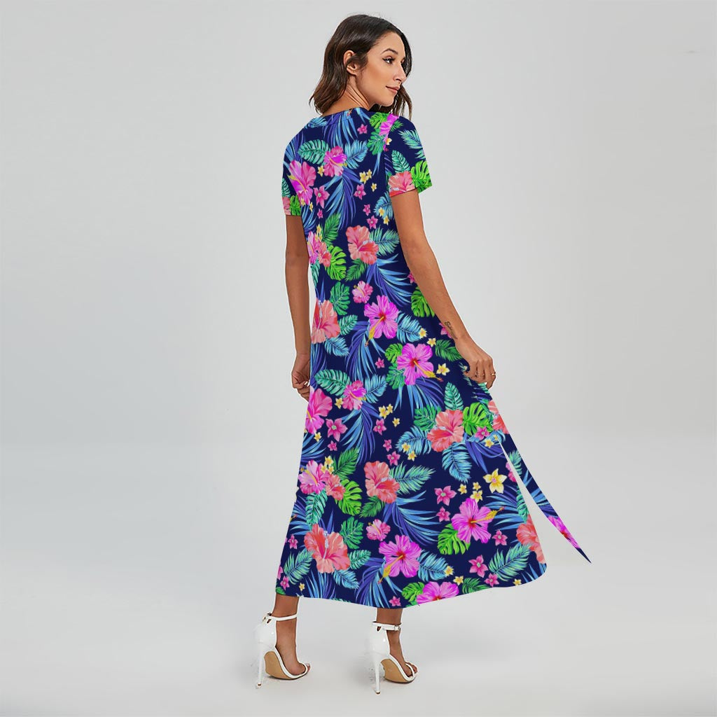 Hawaii Exotic Flowers Pattern Print Short Sleeve Maxi Dress