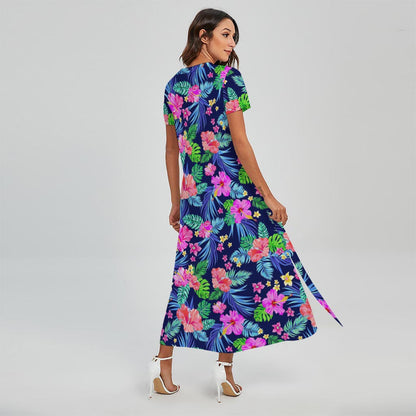 Hawaii Exotic Flowers Pattern Print Short Sleeve Maxi Dress