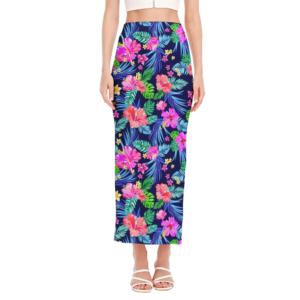 Hawaii Exotic Flowers Pattern Print Side Slit Maxi Skirt