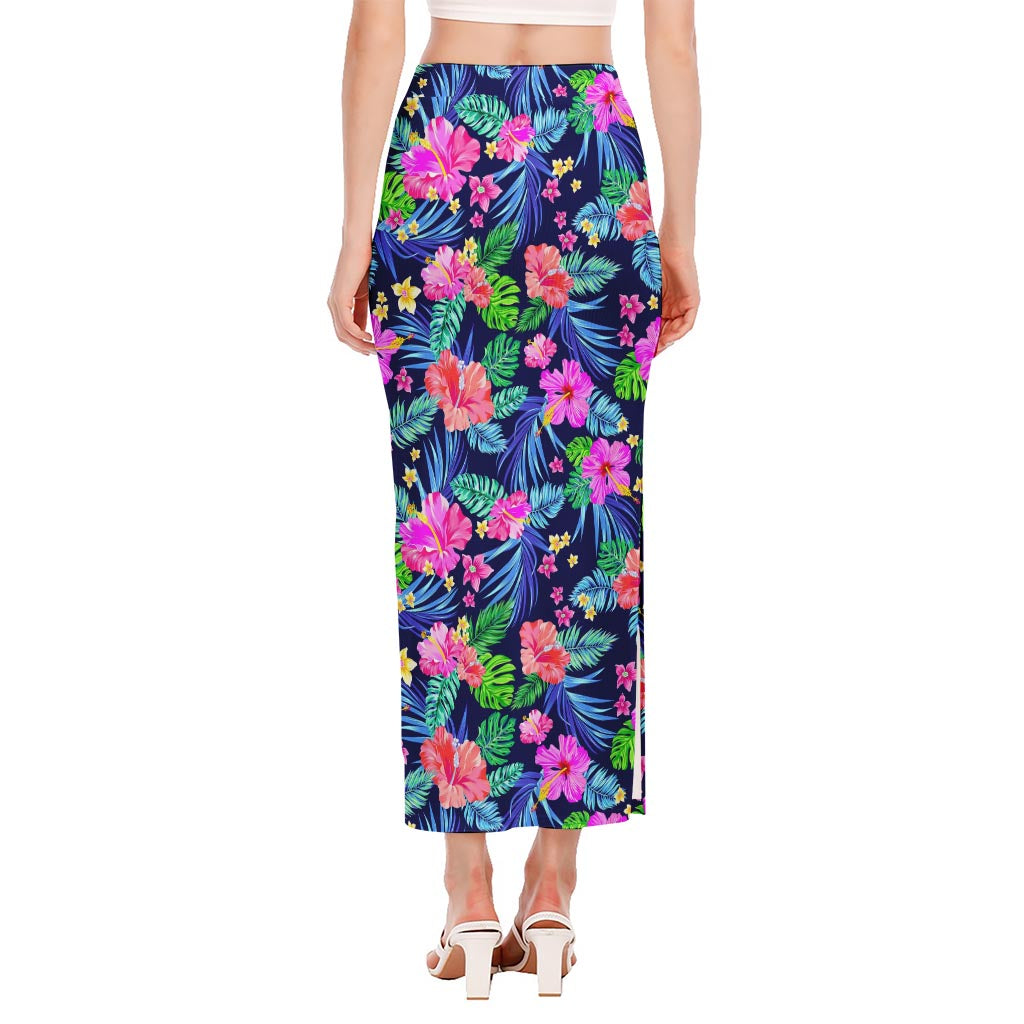 Hawaii Exotic Flowers Pattern Print Side Slit Maxi Skirt