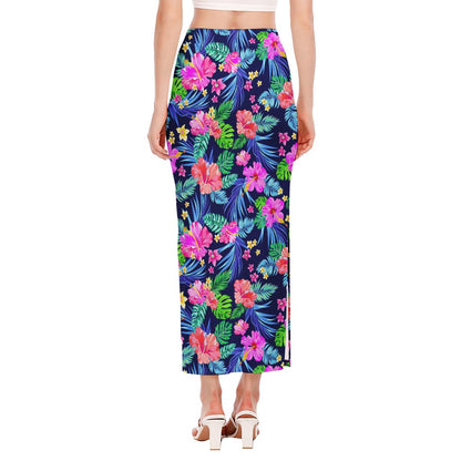Hawaii Exotic Flowers Pattern Print Side Slit Maxi Skirt