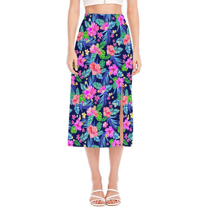 Hawaii Exotic Flowers Pattern Print Side Slit Midi Skirt