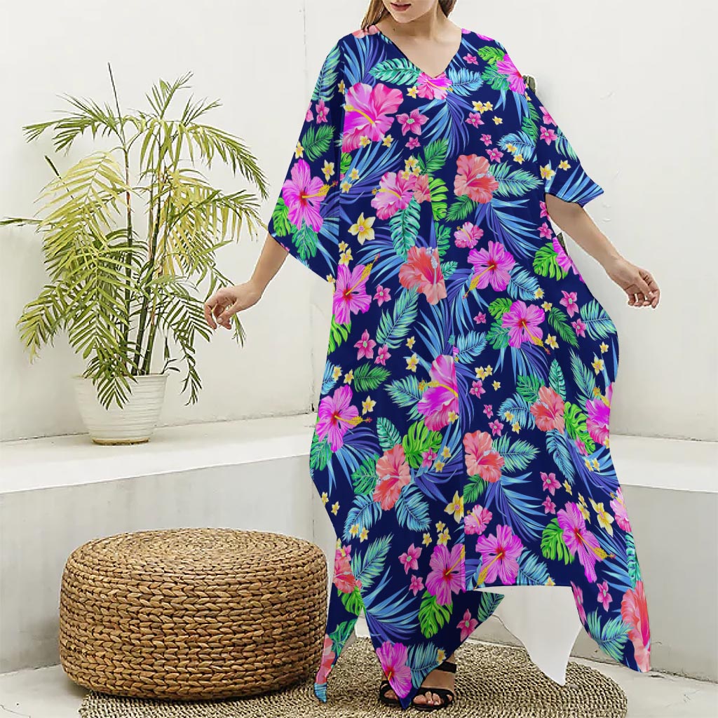 Hawaii Exotic Flowers Pattern Print Silk V-Neck Kaftan Dress