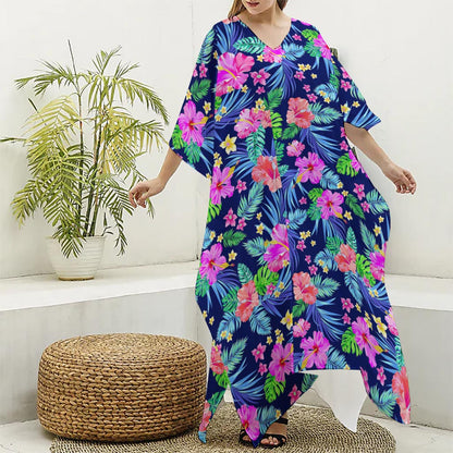 Hawaii Exotic Flowers Pattern Print Silk V-Neck Kaftan Dress