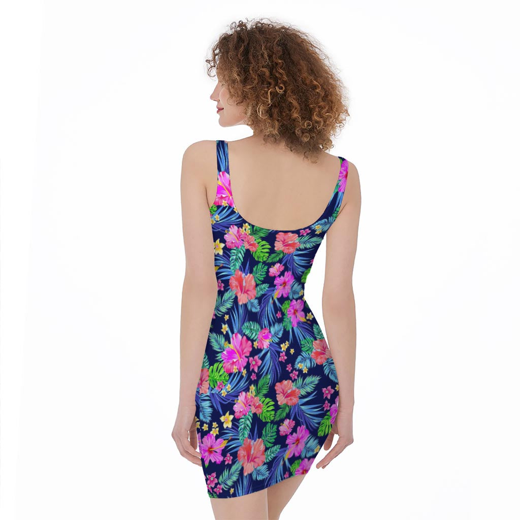 Hawaii Exotic Flowers Pattern Print Sleeveless Bodycon Dress