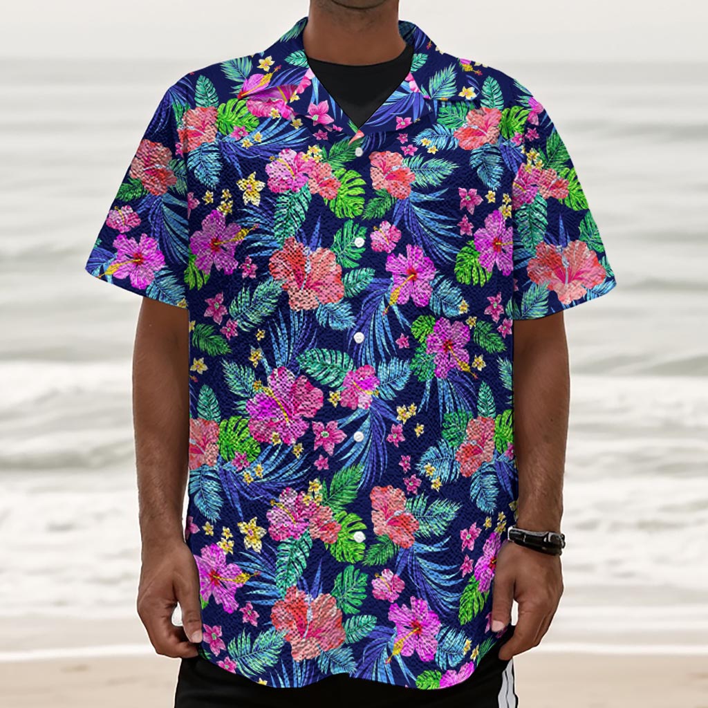 Hawaii Exotic Flowers Pattern Print Textured Short Sleeve Shirt
