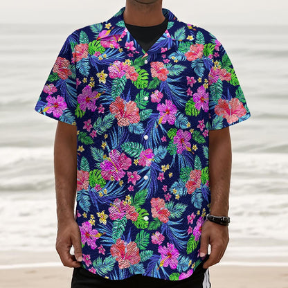 Hawaii Exotic Flowers Pattern Print Textured Short Sleeve Shirt