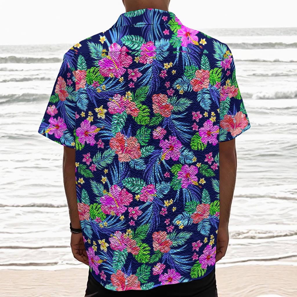 Hawaii Exotic Flowers Pattern Print Textured Short Sleeve Shirt