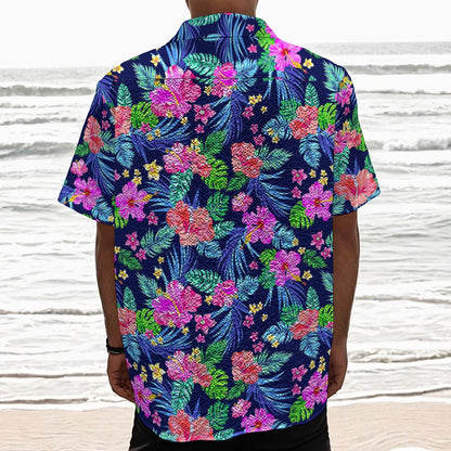 Hawaii Exotic Flowers Pattern Print Textured Short Sleeve Shirt