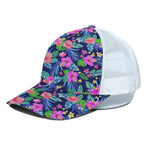 Hawaii Exotic Flowers Pattern Print White Mesh Trucker Cap