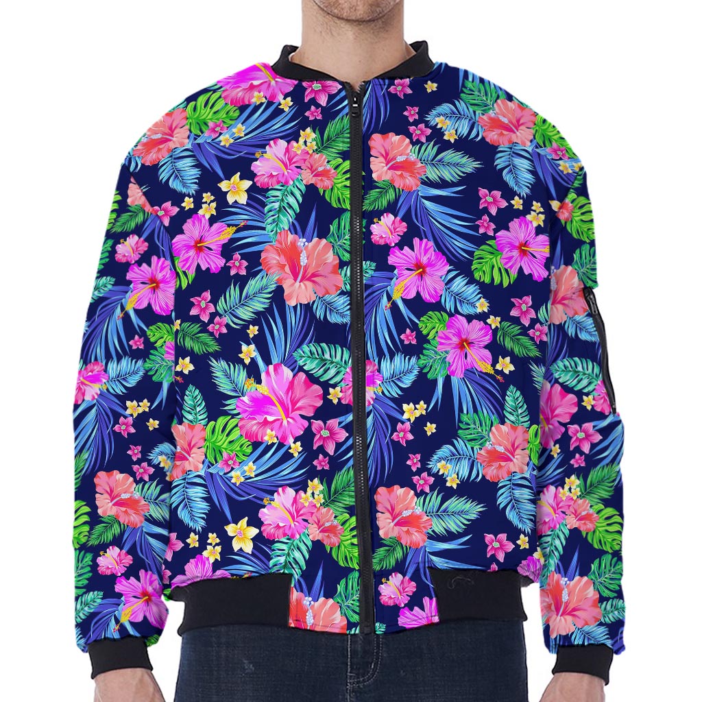 Hawaii Exotic Flowers Pattern Print Zip Sleeve Bomber Jacket