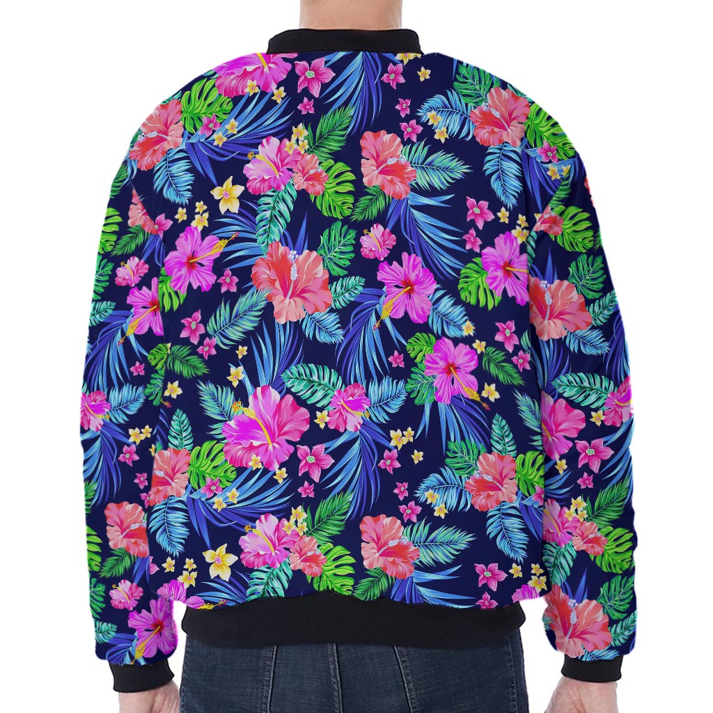 Hawaii Exotic Flowers Pattern Print Zip Sleeve Bomber Jacket