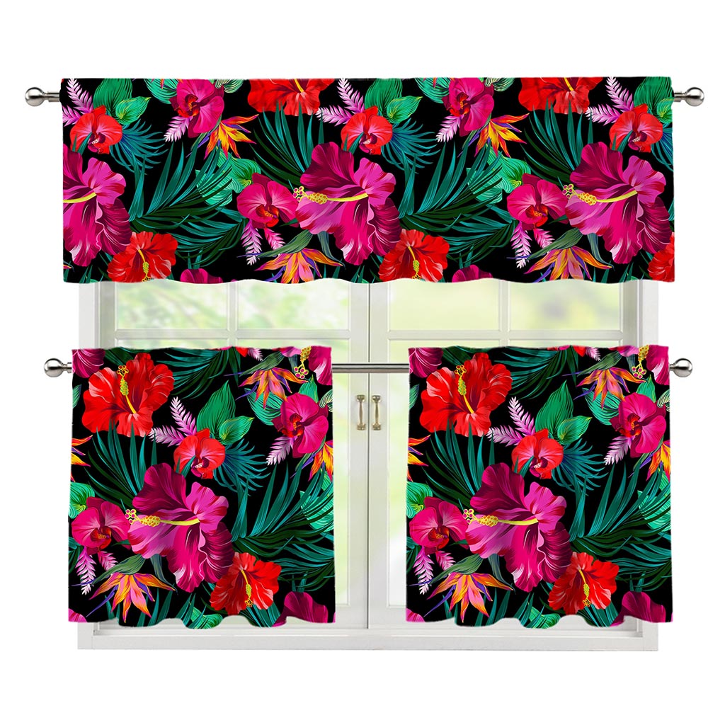 Hawaii Floral Flowers Pattern Print 3 Piece Kitchen Curtains