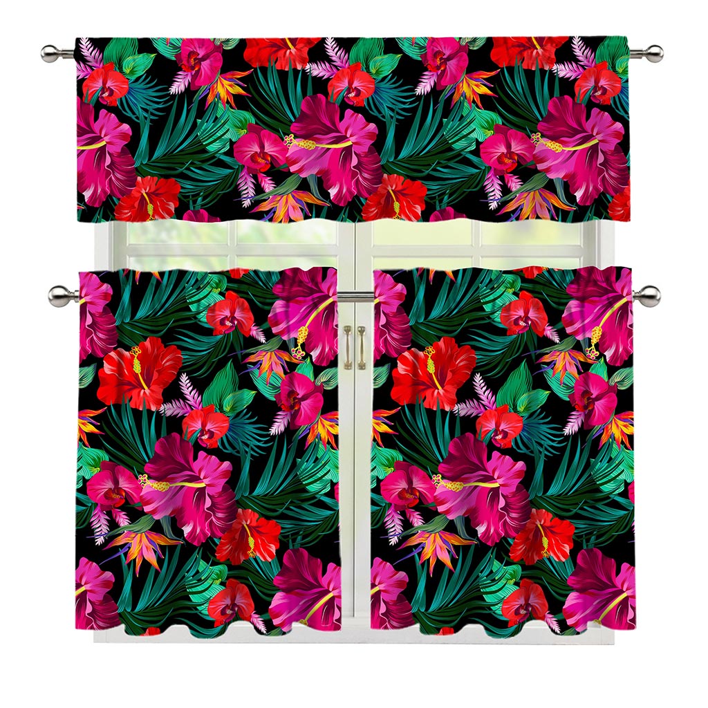 Hawaii Floral Flowers Pattern Print 3 Piece Kitchen Curtains