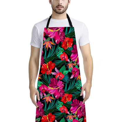 Hawaii Floral Flowers Pattern Print Bib Apron With Pocket